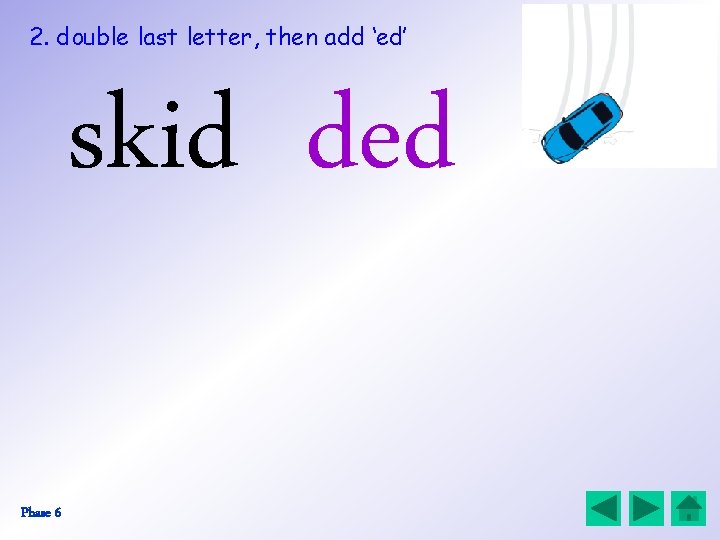 2. double last letter, then add ‘ed’ skid ded Phase 6 