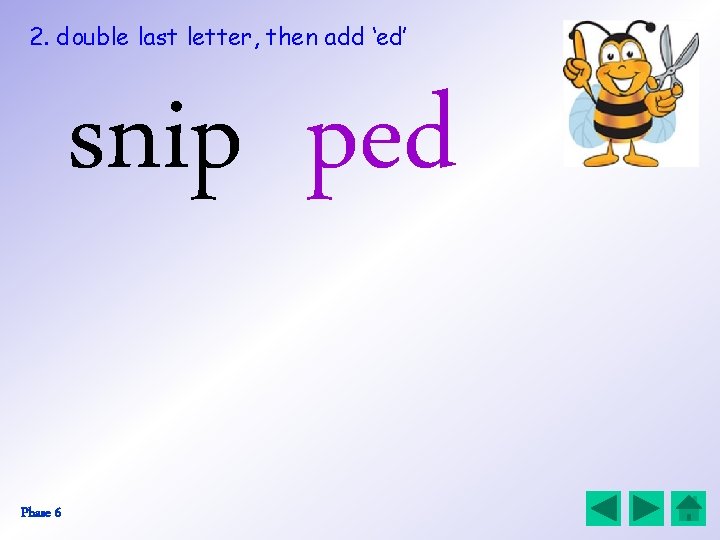 2. double last letter, then add ‘ed’ snip ped Phase 6 