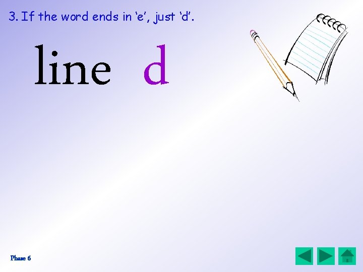 3. If the word ends in ‘e’, just ‘d’. line d Phase 6 