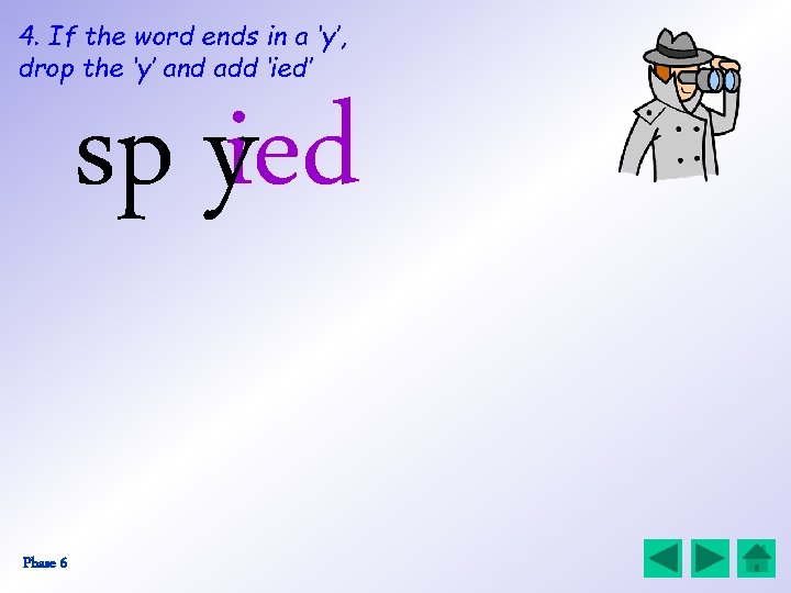 4. If the word ends in a ‘y’, drop the ‘y’ and add ‘ied’
