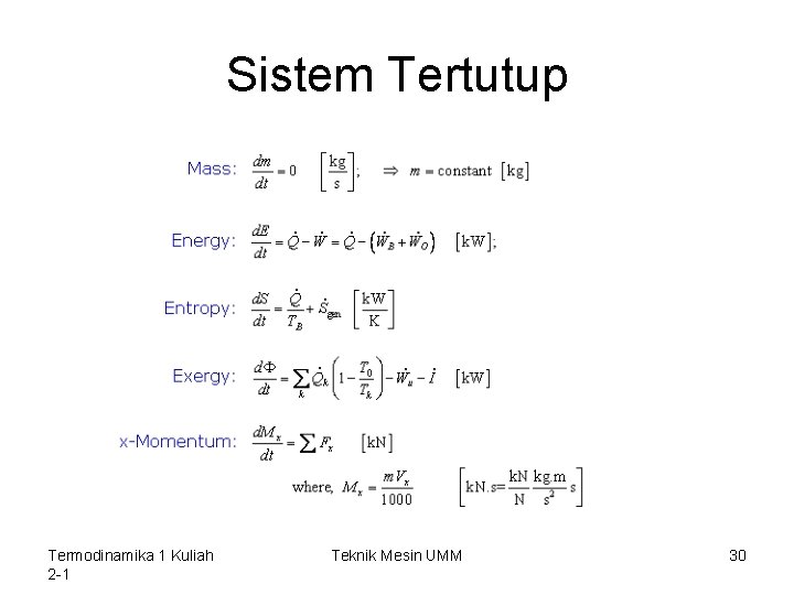 Sistem Tertutup Termodinamika 1 Kuliah 2 -1 Teknik Mesin UMM 30 