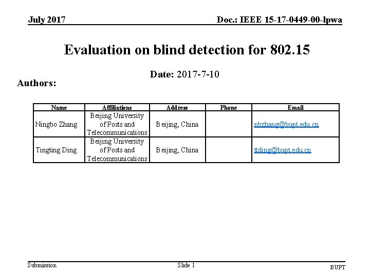 July 2017 Doc. : IEEE 15 -17 -0449 -00 -lpwa Evaluation on blind detection