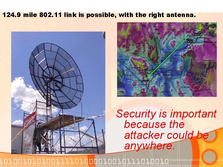 124. 9 mile 802. 11 link is possible, with the right antenna. Security is