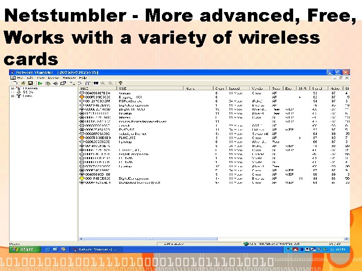 Netstumbler - More advanced, Free, Works with a variety of wireless cards 