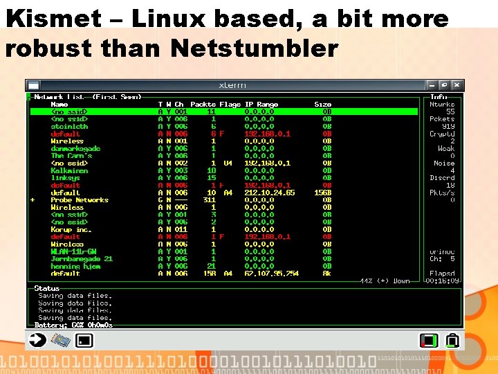 Kismet – Linux based, a bit more robust than Netstumbler 