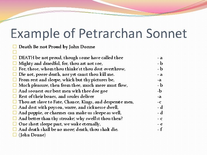 Example of Petrarchan Sonnet � � � � � Death Be not Proud by