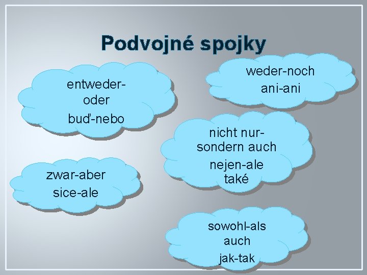 Podvojné spojky • entwederoder • buď-nebo • zwar-aber • sice-ale • weder-noch • ani-ani