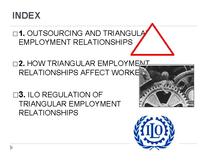 INDEX � 1. OUTSOURCING AND TRIANGULAR EMPLOYMENT RELATIONSHIPS � 2. HOW TRIANGULAR EMPLOYMENT RELATIONSHIPS