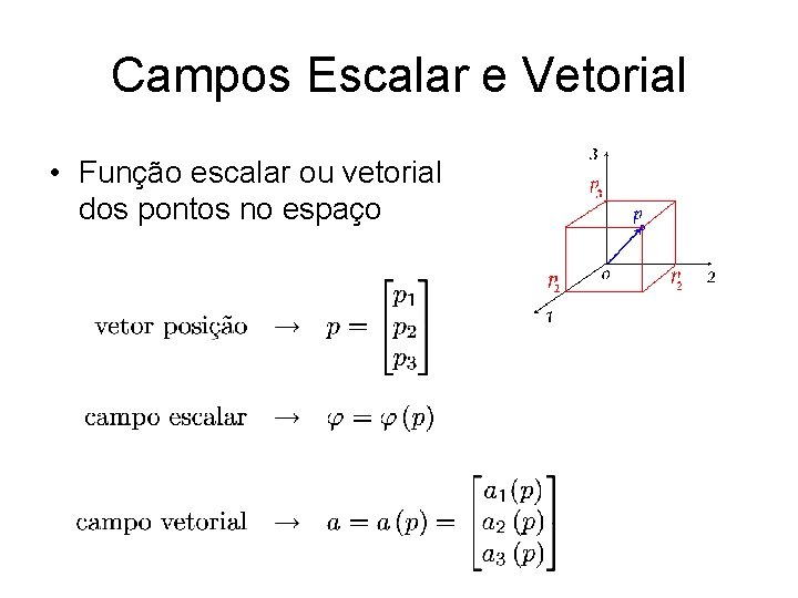Campos Escalar e Vetorial • Função escalar ou vetorial dos pontos no espaço 