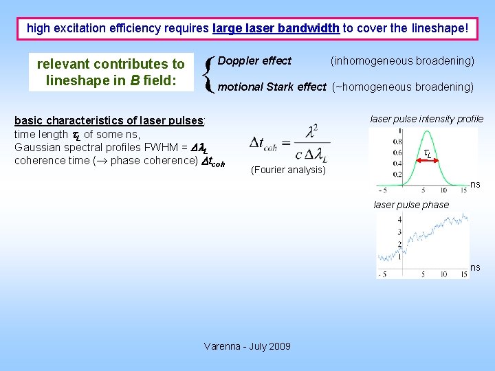 high excitation efficiency requires large laser bandwidth to cover the lineshape! relevant contributes to