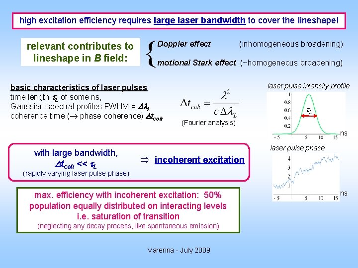 high excitation efficiency requires large laser bandwidth to cover the lineshape! relevant contributes to