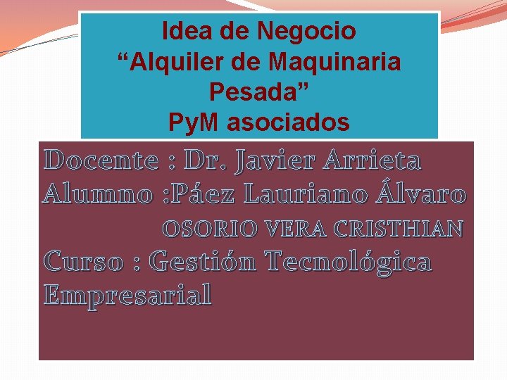 Idea de Negocio “Alquiler de Maquinaria Pesada” Py. M asociados Docente : Dr. Javier