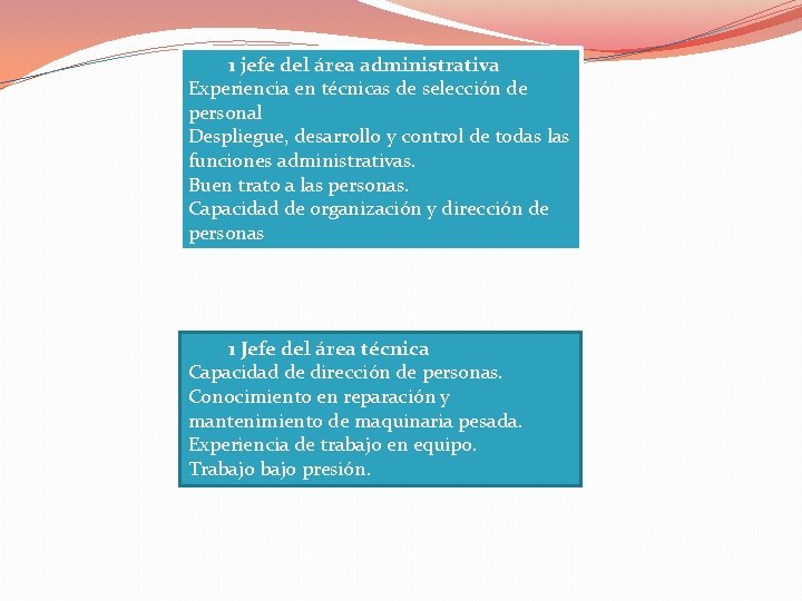 1 jefe del área administrativa Experiencia en técnicas de selección de personal Despliegue, desarrollo