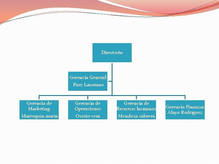 Directorio Gerencia General Páez Laureano Gerencia de Marketing Marroquín marin Gerencia de Operaciones Osorio