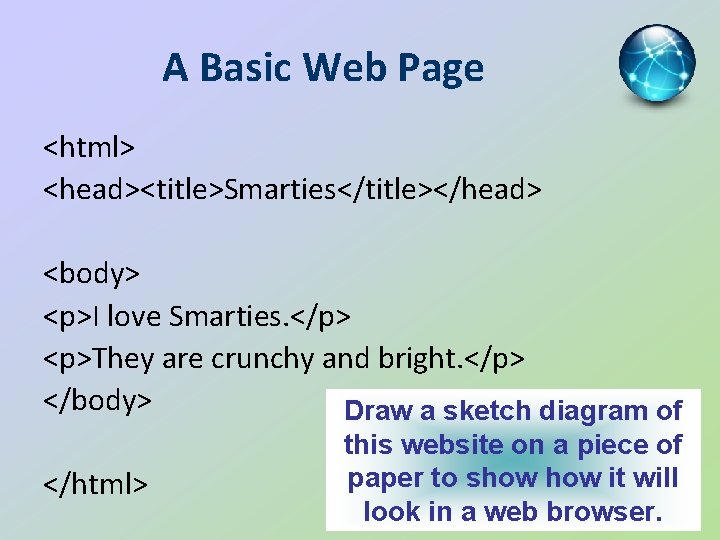 A Basic Web Page <html> <head><title>Smarties</title></head> <body> <p>I love Smarties. </p> <p>They are crunchy