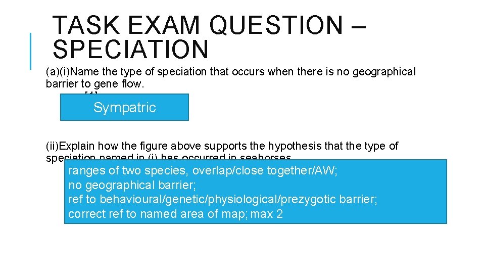 TASK EXAM QUESTION – SPECIATION (a)(i)Name the type of speciation that occurs when there