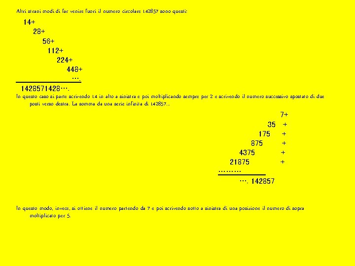 Altri strani modi di far venire fuori il numero circolare 142857 sono questi: 14+