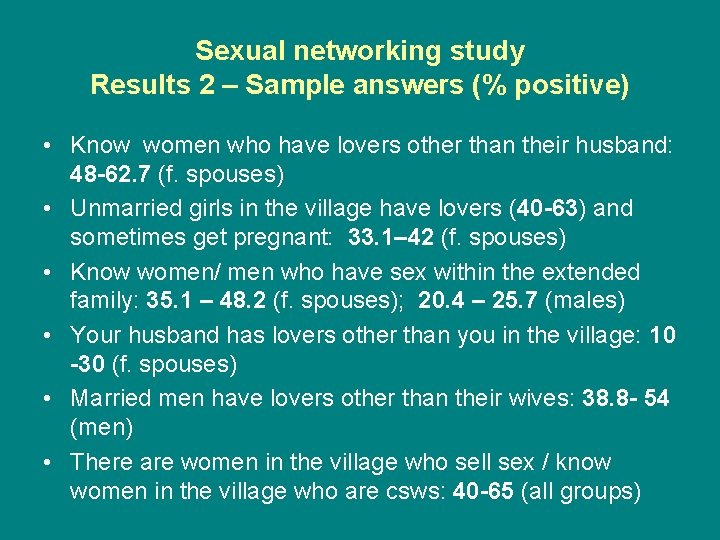 Sexual networking study Results 2 – Sample answers (% positive) • Know women who