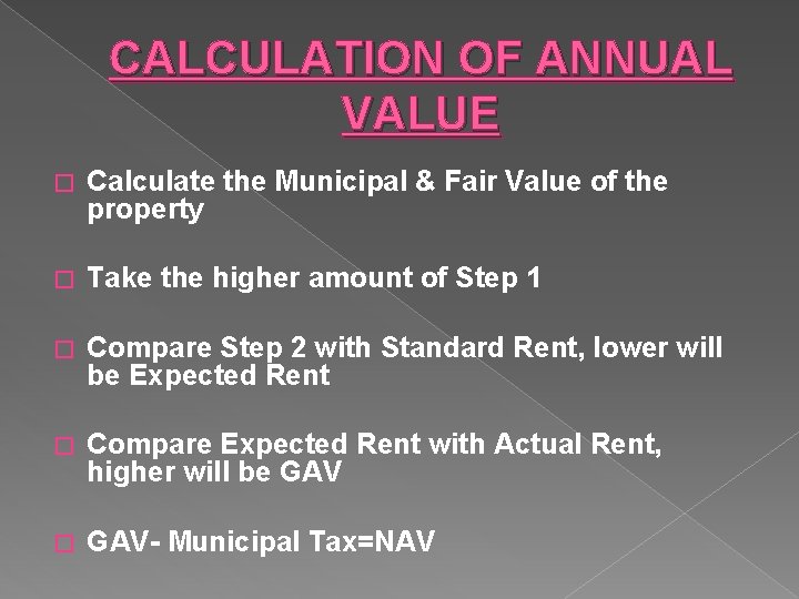 CALCULATION OF ANNUAL VALUE � Calculate the Municipal & Fair Value of the property