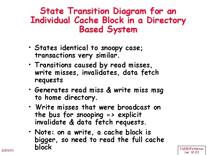 State Transition Diagram for an Individual Cache Block in a Directory Based System 2/28/01