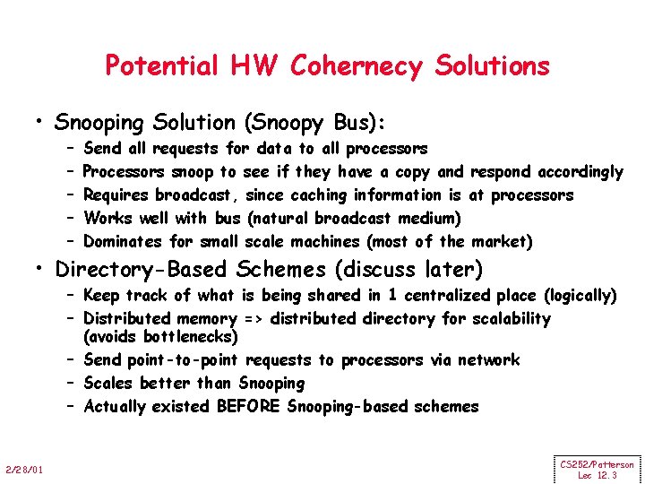 Potential HW Cohernecy Solutions • Snooping Solution (Snoopy Bus): – – – Send all