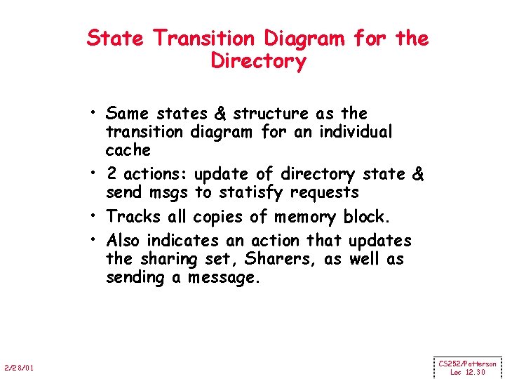 State Transition Diagram for the Directory • Same states & structure as the transition