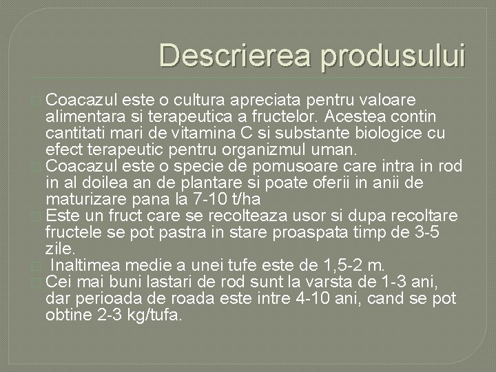 Descrierea produsului � Coacazul este o cultura apreciata pentru valoare alimentara si terapeutica a