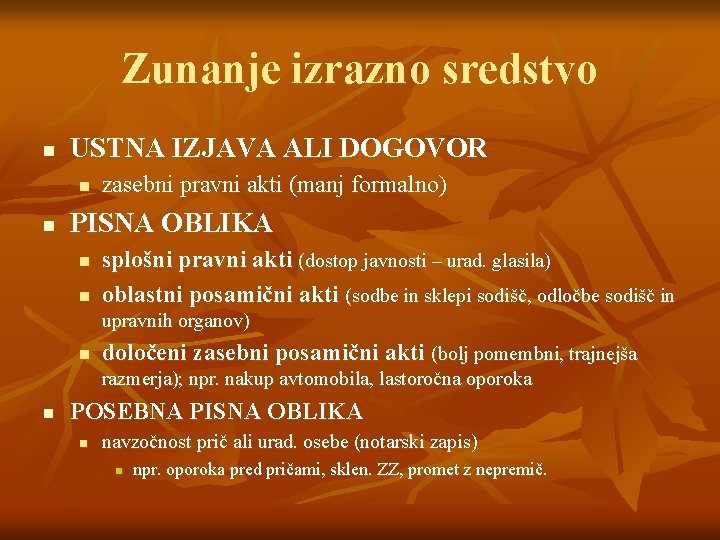 Zunanje izrazno sredstvo n USTNA IZJAVA ALI DOGOVOR n n zasebni pravni akti (manj Zunanje izrazno sredstvo n USTNA IZJAVA ALI DOGOVOR n n zasebni pravni akti (manj