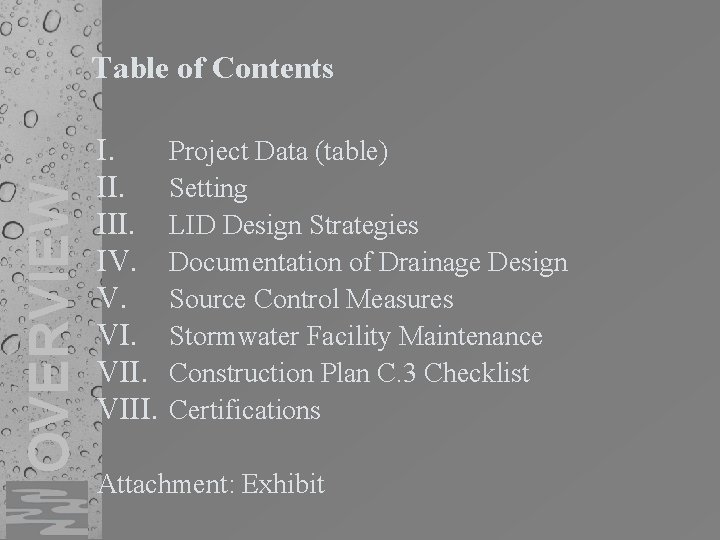 OVERVIEW Table of Contents I. III. IV. V. VIII. Project Data (table) Setting LID