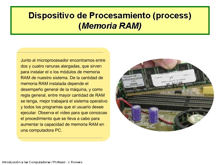 Dispositivo de Procesamiento (process) (Memoria RAM) Introducción a las Computadoras / Profesor: J. Romero