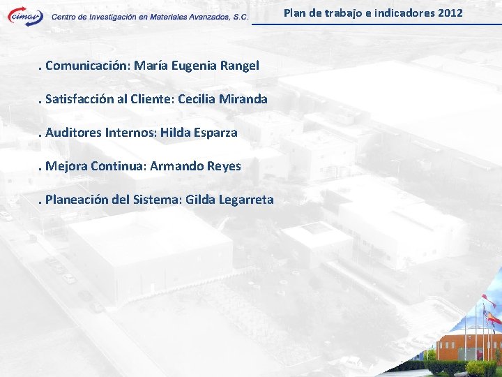 Plan de trabajo e indicadores 2012 . Comunicación: María Eugenia Rangel. Satisfacción al Cliente: