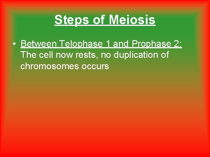 Steps of Meiosis • Between Telophase 1 and Prophase 2: The cell now rests,