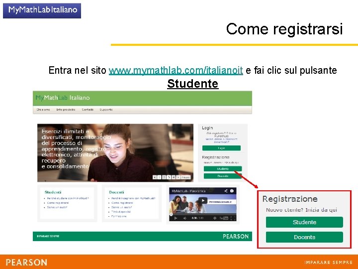 Come registrarsi Entra nel sito www. mymathlab. com/italianoit e fai clic sul pulsante Studente