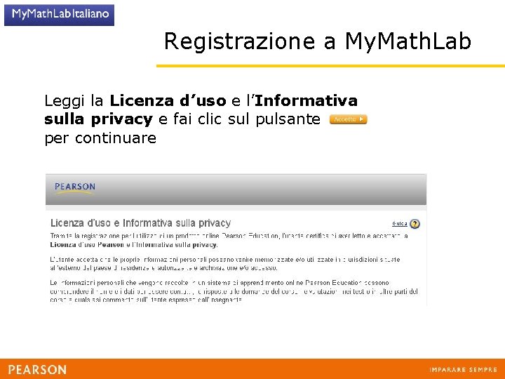 Registrazione a My. Math. Lab Leggi la Licenza d’uso e l’Informativa sulla privacy e