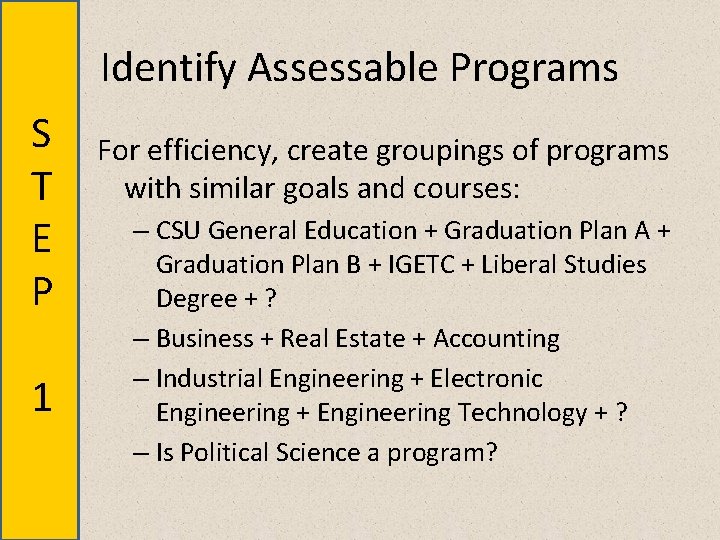 Identify Assessable Programs S T E P 1 For efficiency, create groupings of programs