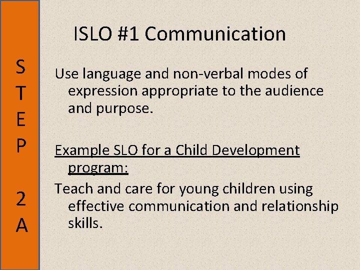 ISLO #1 Communication S T E P 2 A Use language and non-verbal modes