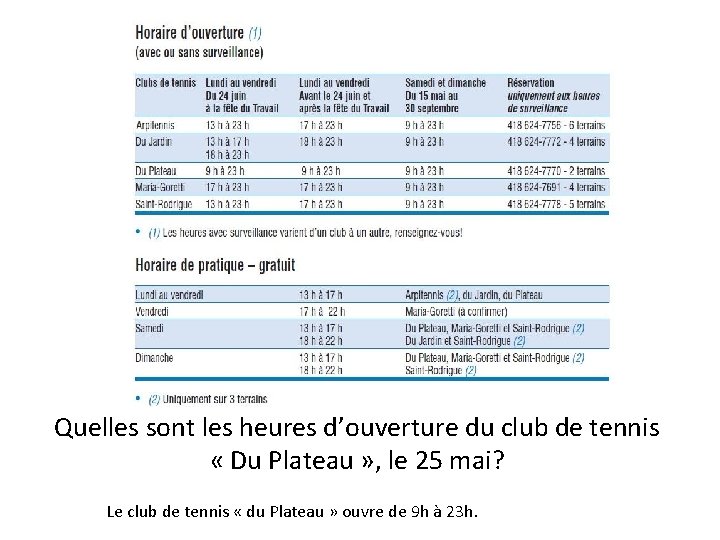 Quelles sont les heures d’ouverture du club de tennis « Du Plateau » , Quelles sont les heures d’ouverture du club de tennis « Du Plateau » ,