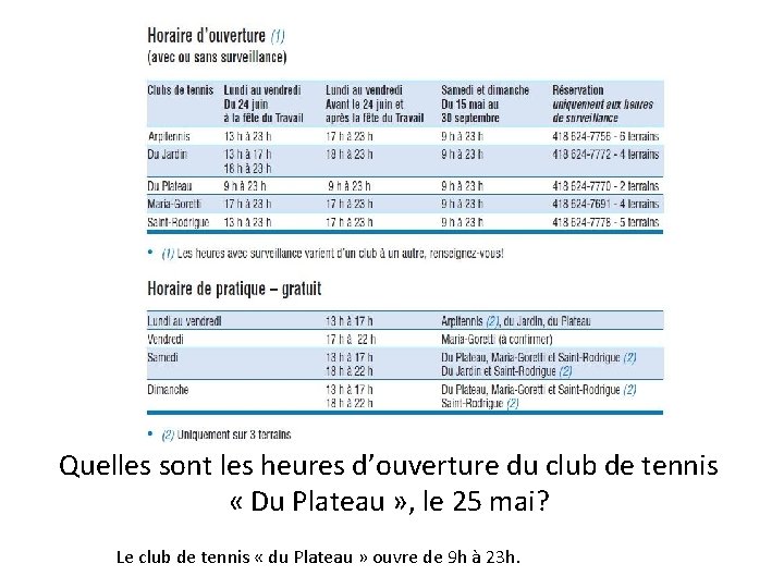 Quelles sont les heures d’ouverture du club de tennis « Du Plateau » ,