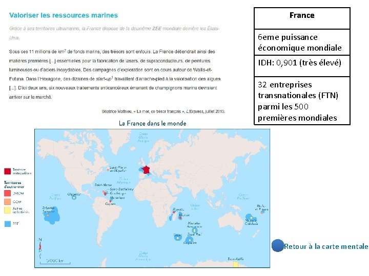 France 6 eme puissance économique mondiale IDH: 0, 901 (très élevé) 32 entreprises transnationales