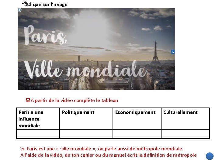  Clique sur l’image A partir de la vidéo complète le tableau Paris a