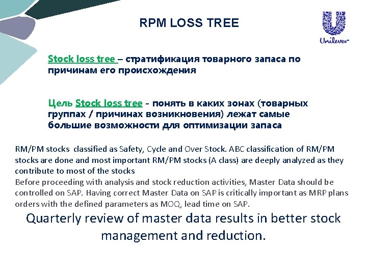 RPM LOSS TREE Stock loss tree – стратификация товарного запаса по причинам его происхождения