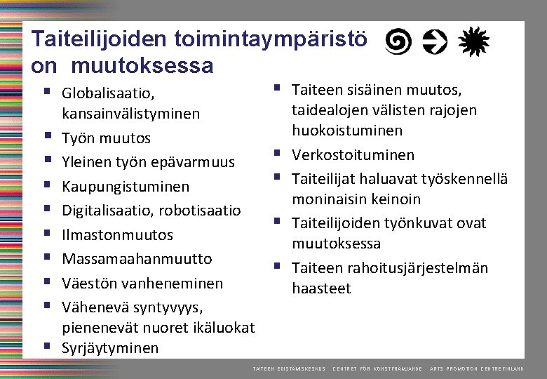 Taiteilijoiden toimintaympäristö on muutoksessa § Globalisaatio, § § § § § Taiteen sisäinen muutos,