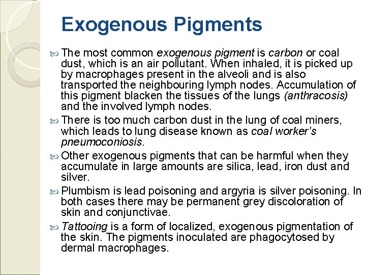 Exogenous Pigments The most common exogenous pigment is carbon or coal dust, which is