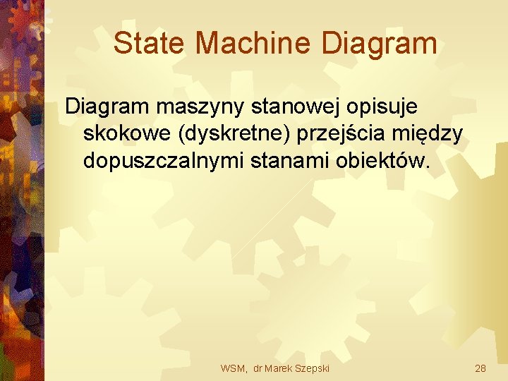 State Machine Diagram maszyny stanowej opisuje skokowe (dyskretne) przejścia między dopuszczalnymi stanami obiektów. WSM,