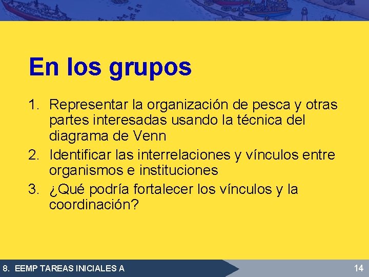 En los grupos 1. Representar la organización de pesca y otras partes interesadas usando