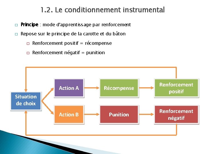 1. 2. Le conditionnement instrumental � Principe : mode d'apprentissage par renforcement � Repose