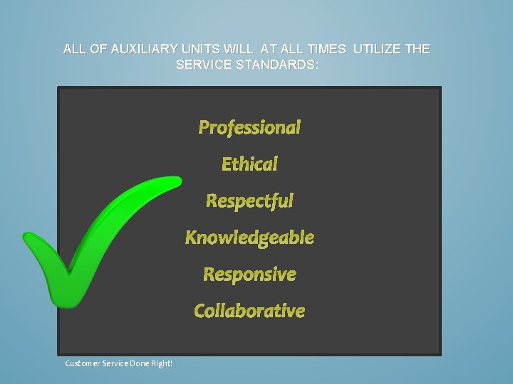 ALL OF AUXILIARY UNITS WILL AT ALL TIMES UTILIZE THE SERVICE STANDARDS: Professional Ethical