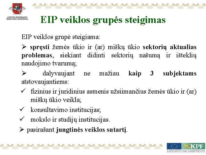 EIP veiklos grupės steigimas EIP veiklos grupė steigiama: Ø spręsti žemės ūkio ir (ar)
