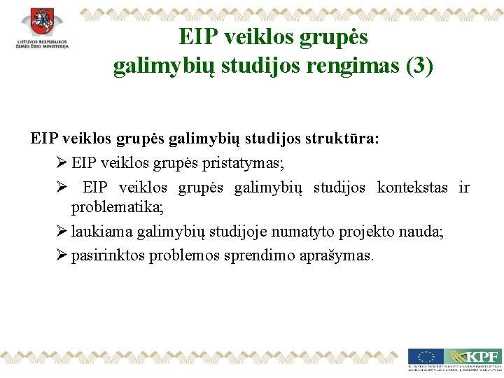 EIP veiklos grupės galimybių studijos rengimas (3) EIP veiklos grupės galimybių studijos struktūra: Ø