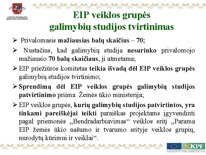 EIP veiklos grupės galimybių studijos tvirtinimas Ø Privalomasis mažiausias balų skaičius – 70; Ø